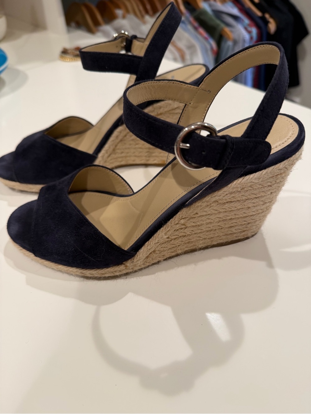 Prada Navy Suede Espadrille Wedge Sandals
